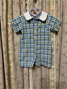 Remember Nguyen 24M Plaid Bubble Romper Peter Pan Collar Blue Shortall